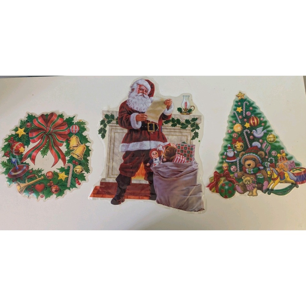 Vintage Christmas Window Clings Santa Fireplace Tree‎ Wreath Decor Lot